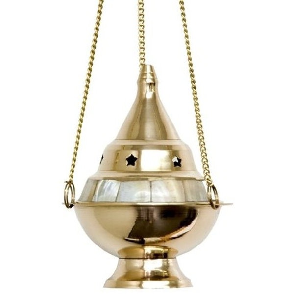 Brass Hanging Censer W/ Mother Of Pearl 5"h