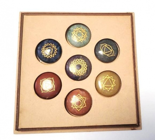 Gemstone 7 Chakra Symbol Round Stones Set With Box