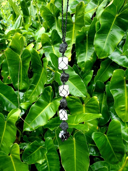 Selenite & Black Agate Rough Car / Wall Hanging (10 Inches)