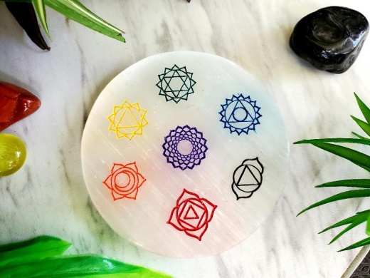 Selenite Coaster / Altar Tile Charging Plate - 7 Chakra 3"