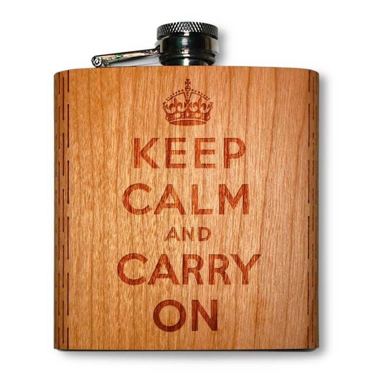 6 Oz. Wooden Hip Flask (Keep Calm In American Cherry)