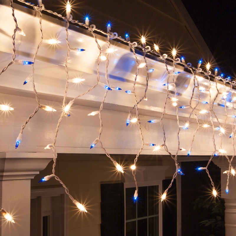 Blue, Clear Mini Icicle Lights On White Wire