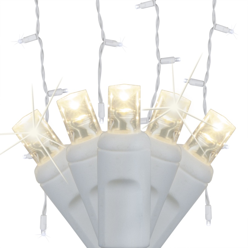 Warm White 5mm LED Twinkle Icicle Lights on White Wire