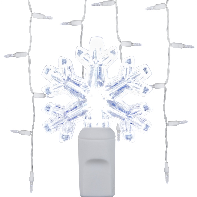 Cool White Snowflake Led Icicle Lights On White Wire