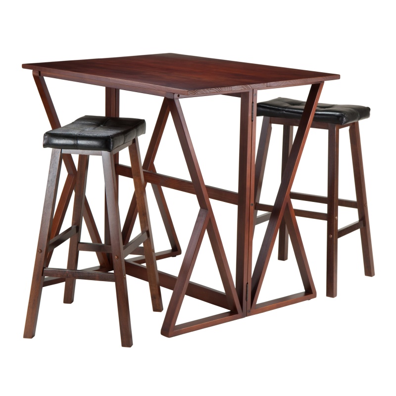Harrington 3-Pc Drop Leaf High Table with Cushion Saddle Seat Bar Stools