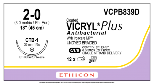 Ethicon Vcpb839d Vicryl Plus Coated Antibacterial Sutures