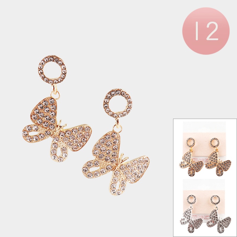 12Pairs - Rhinestone Embellished Butterfly Dangle Earrings