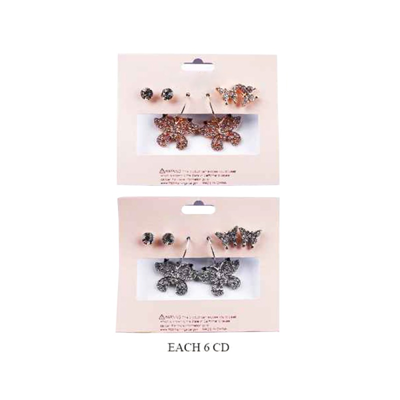 12 Set Of 3 - Round Stone Butterfly Earrings