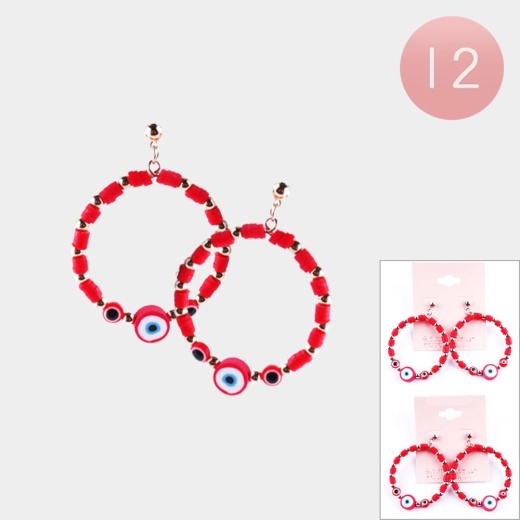 Evil Eye Heishi Beaded Open Circle Dangle Earrings - 12 Pairs