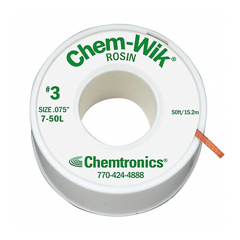 Chemtronics 750L Solder Wick, Rosin, 0.075 Ft X 50 Ft Roll, 3, Green