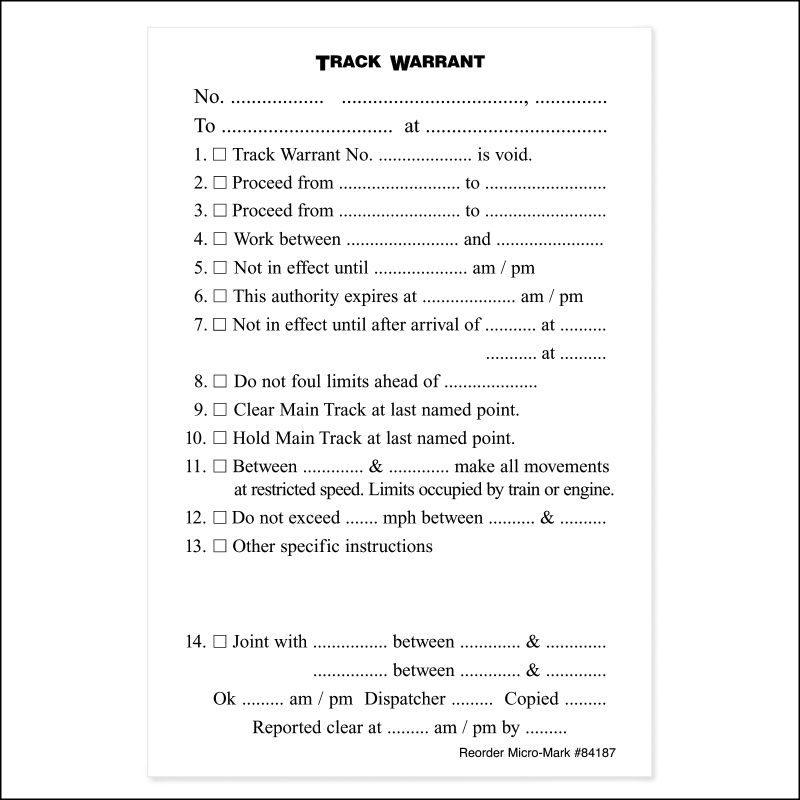 Track Warrants (Pkg. Of 10 Pads)